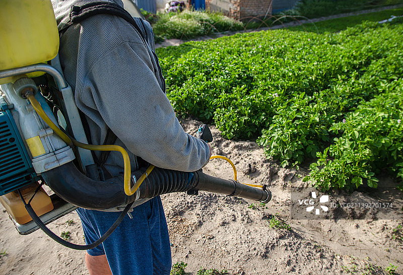 农民在马铃薯种植园背景下使用喷雾机，乌克兰图片素材