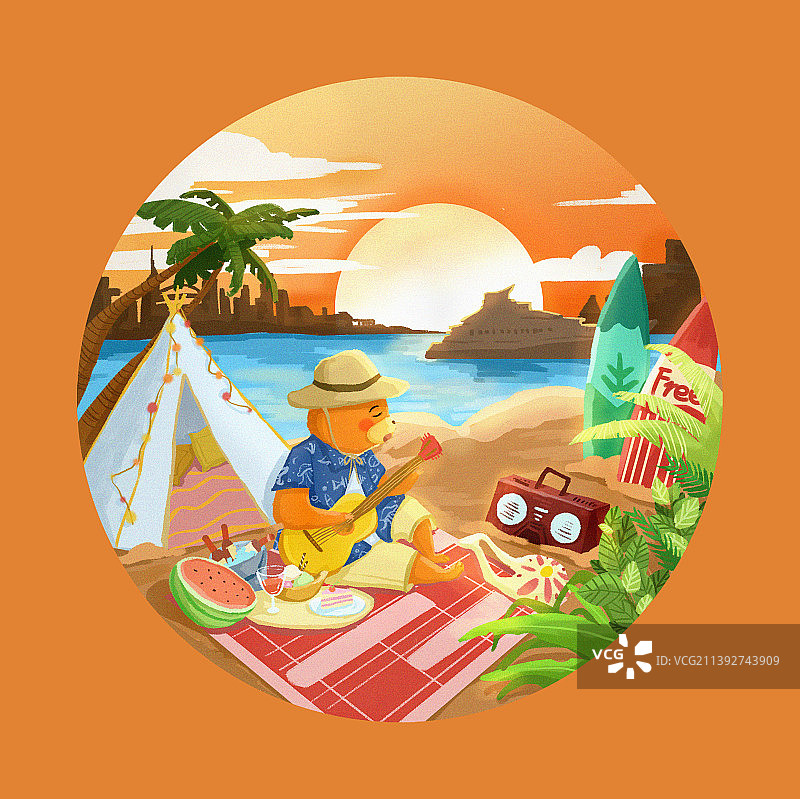 沙滩黄昏落日光影氛围插画图片素材