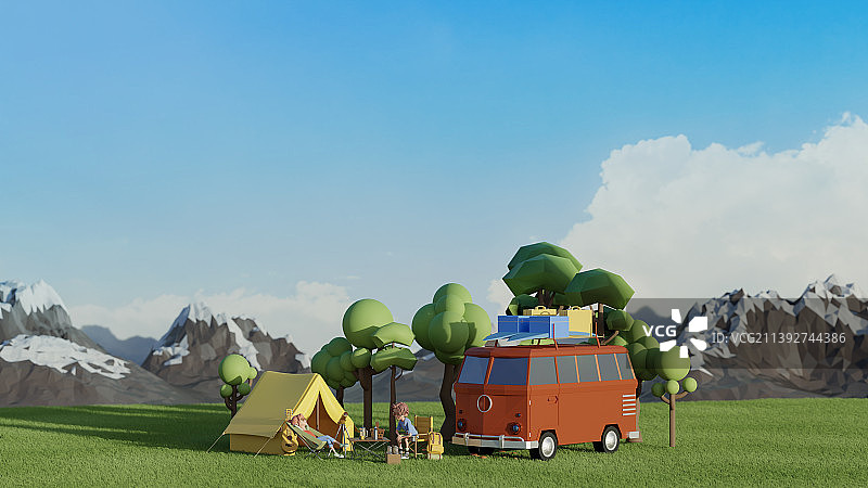 3D卡通风格户外露营主题插画图片素材