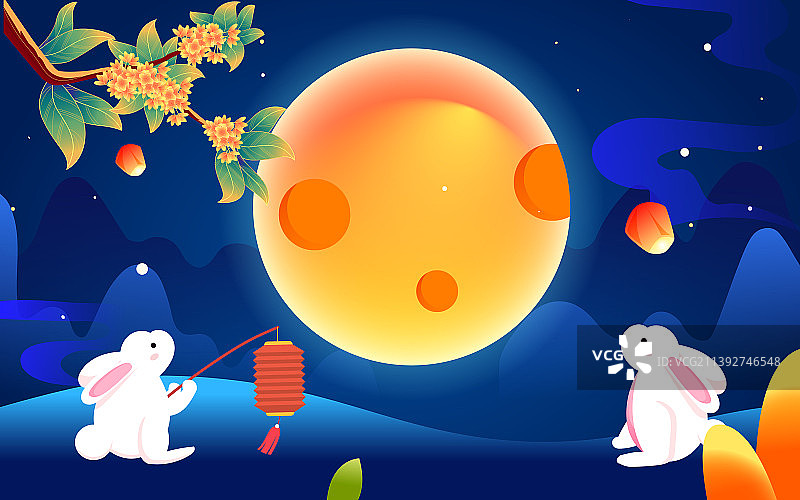 中秋节玉兔赏月吃月饼传统节日兔子望月插画图片素材