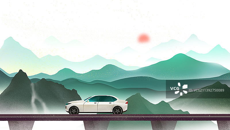 旅中国风绿色诗意水墨山水落日景观风景插画图片素材