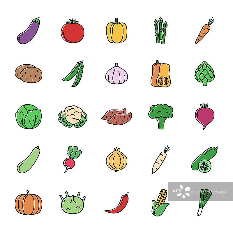 白色背景蔬菜彩色线条图标合集图片素材