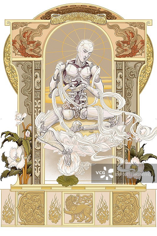 机械观音慕夏国潮风宗教未来插画图片素材