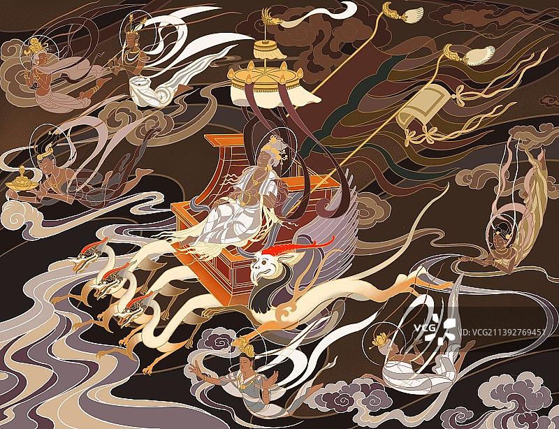 敦煌轿撵佛祖神兽飞天祥云宗教出行国风古典插画图片素材
