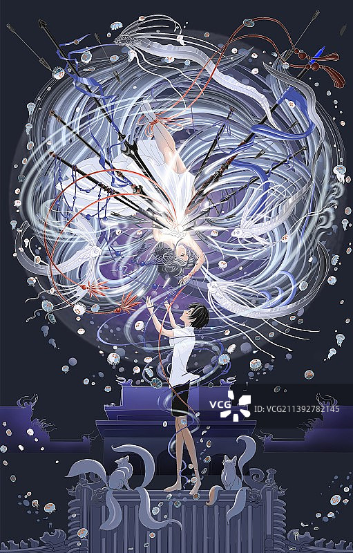 九尾狐受伤坠入海洋被少年所救二次元浪漫插画图片素材