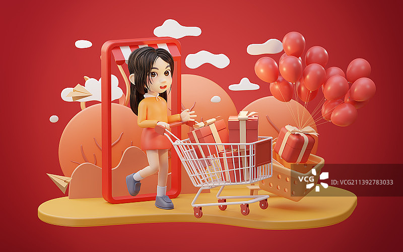 卡通女孩与购物主题3D渲染图片素材