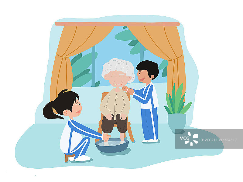 孩子为老人捶背和洗脚图片素材