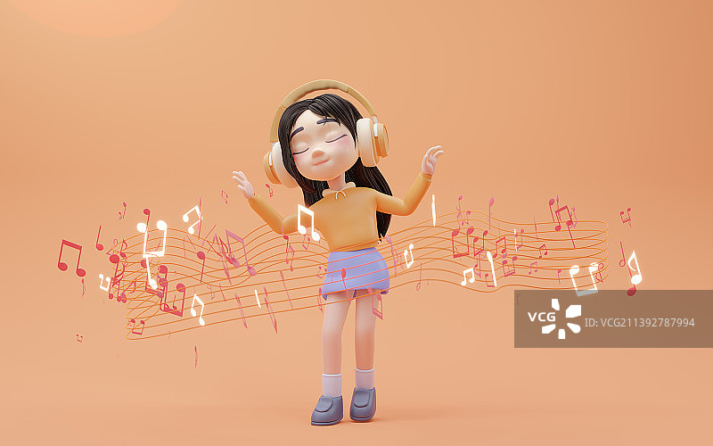 正在听歌的卡通小女孩3D渲染图片素材