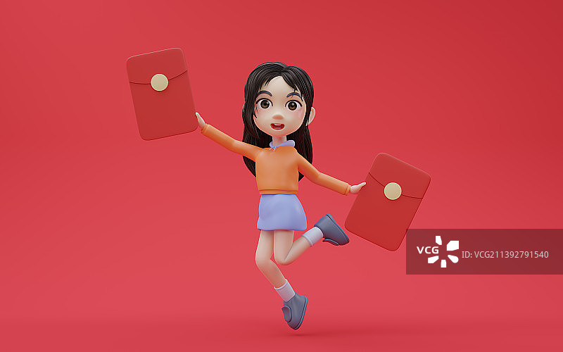 手拿红包的可爱小女孩3D渲染图片素材