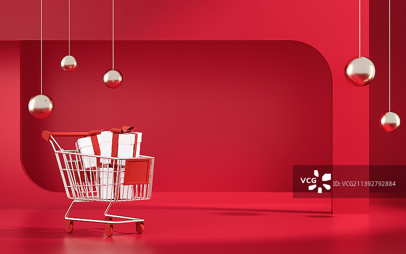 创意电商场景与购物车3D渲染图片素材