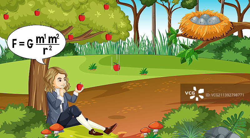 艾萨克·牛顿坐在苹果树下图片素材