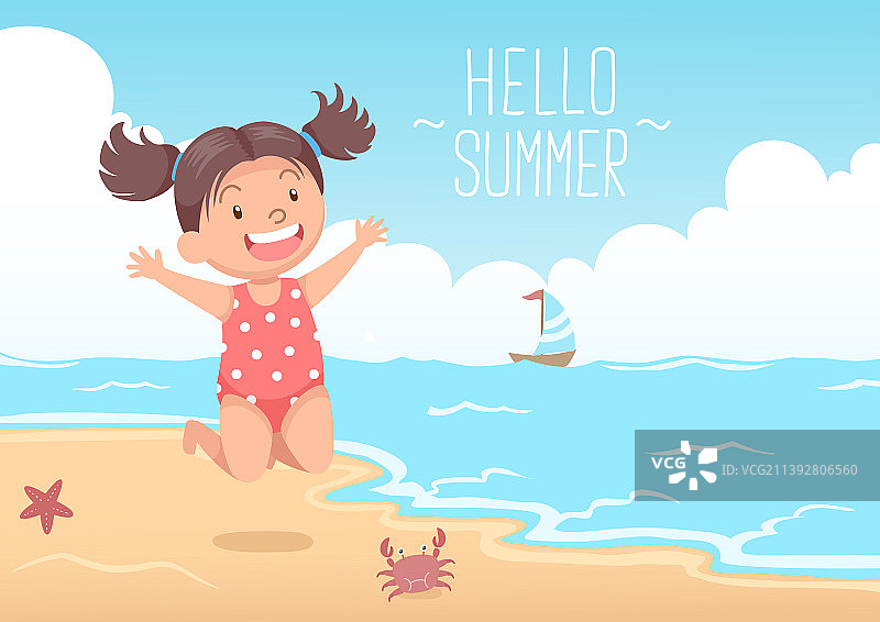 在海滩跳跃的可爱女孩：你好，夏天图片素材