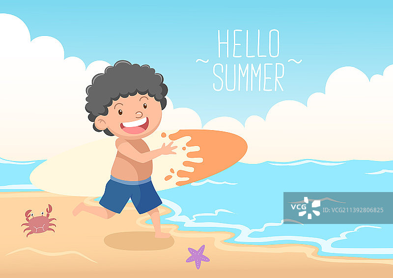 可爱儿童与冲浪板：你好，夏天图片素材