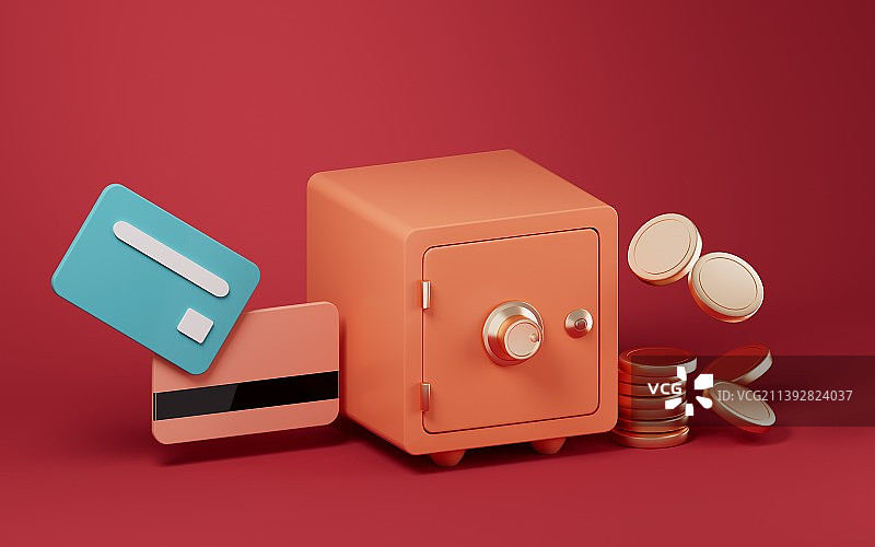 银行卡和保险箱3D渲染图片素材