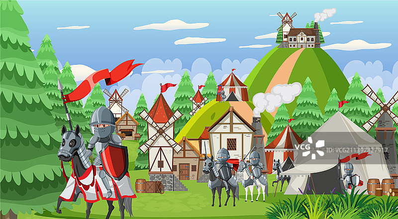 有村民的中世纪城镇场景图片素材