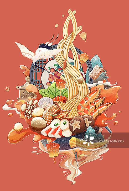 美食麻辣烫国潮风格插画图片素材