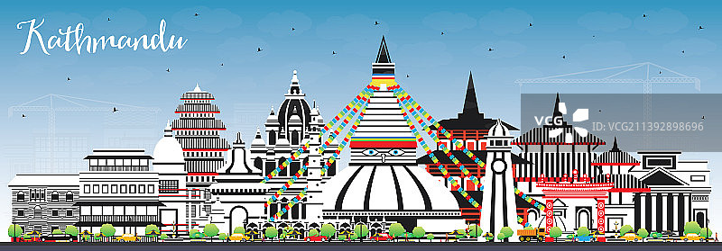 加德满都尼泊尔城市彩色建筑天际线图片素材