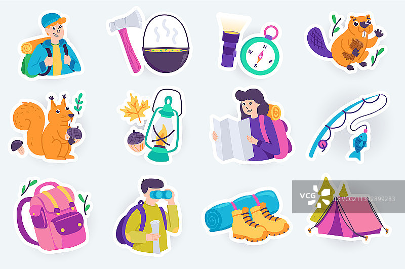 扁平卡通风格的可爱露营贴纸套装图片素材