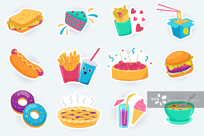 扁平卡通风格的美味快餐可爱贴纸套装图片素材