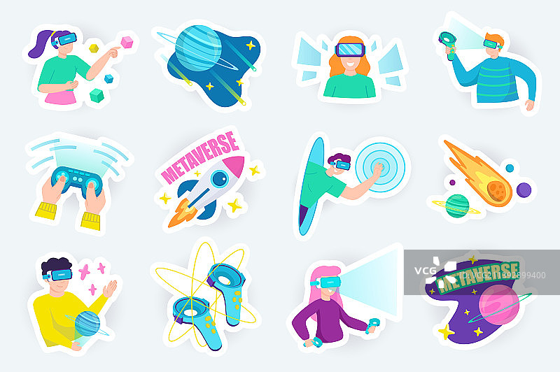 扁平卡通设计的元宇宙可爱贴纸图片素材