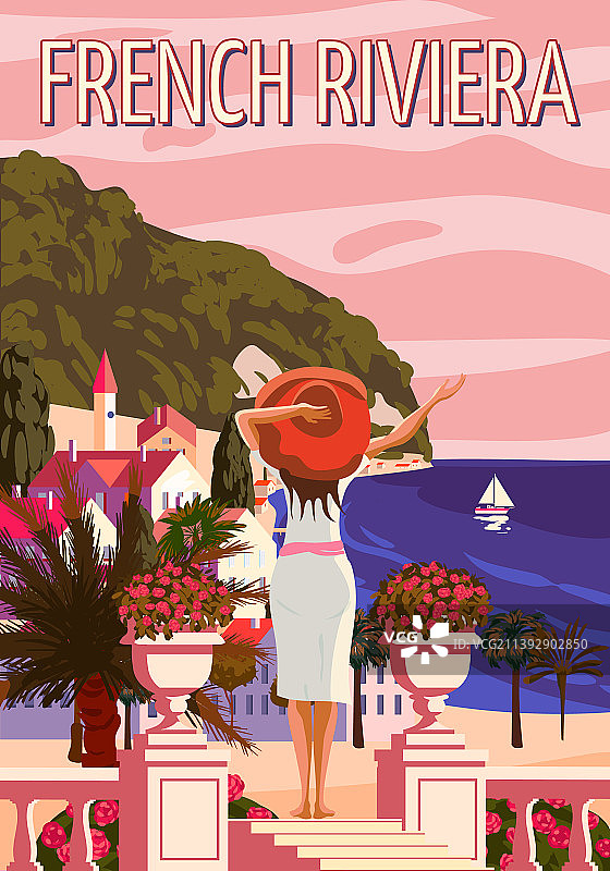 法国里维埃拉尼斯海岸复古海报女郎图片素材