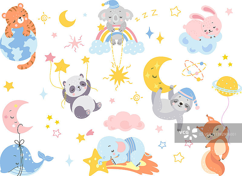 可爱的卡通动物睡眠角色图片素材