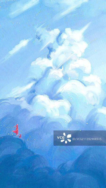 蓝色天空云层清新治愈系插画图片素材