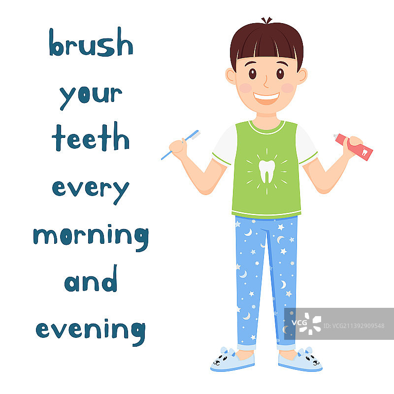 男孩拿着牙刷和牙膏图片素材
