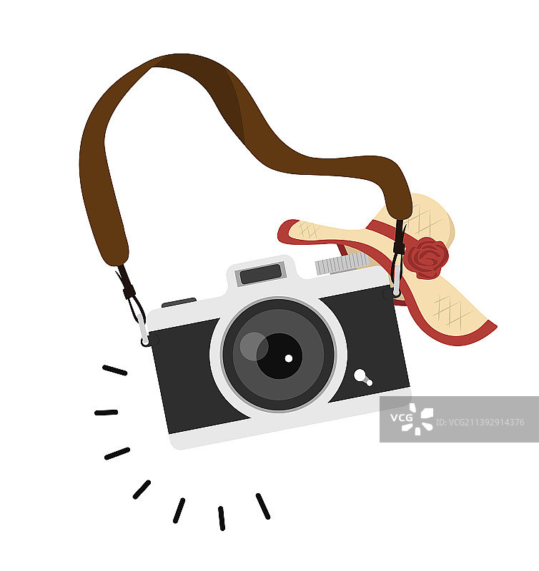 戴帽子女人扁平风格的悬挂相机图片素材