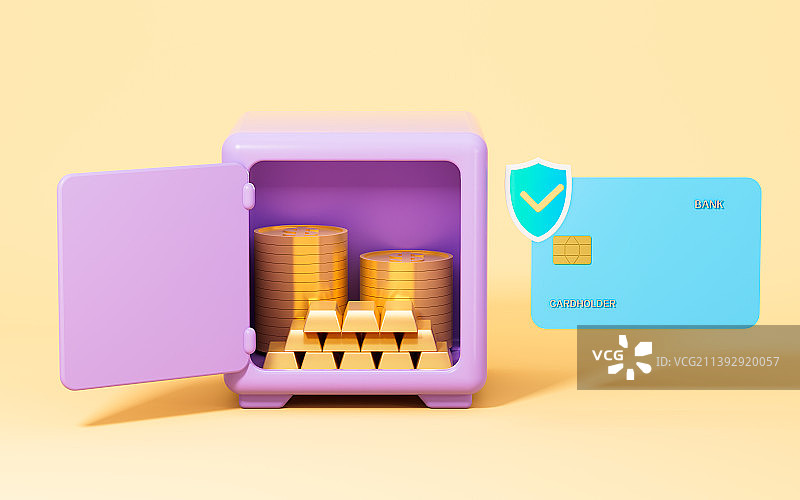 打开的保险箱与银行卡3D渲染图片素材