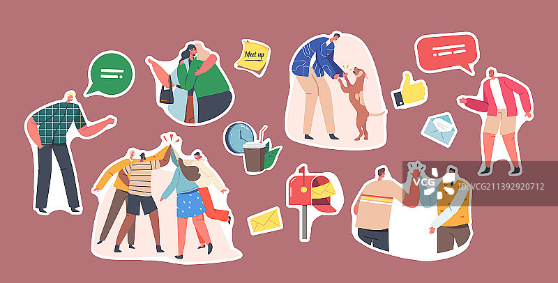 互相问候的卡通人物贴纸集图片素材