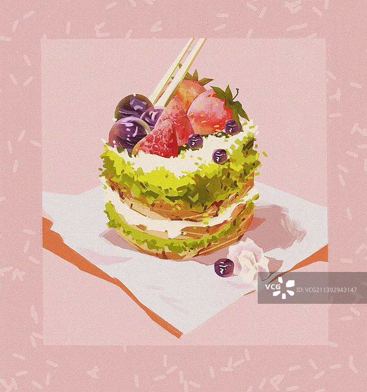 草莓提子抹茶蛋糕插画图片素材