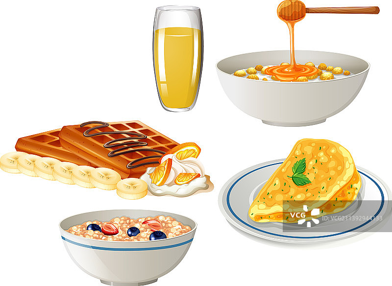 麦片华夫饼煎蛋卷早餐套餐图片素材