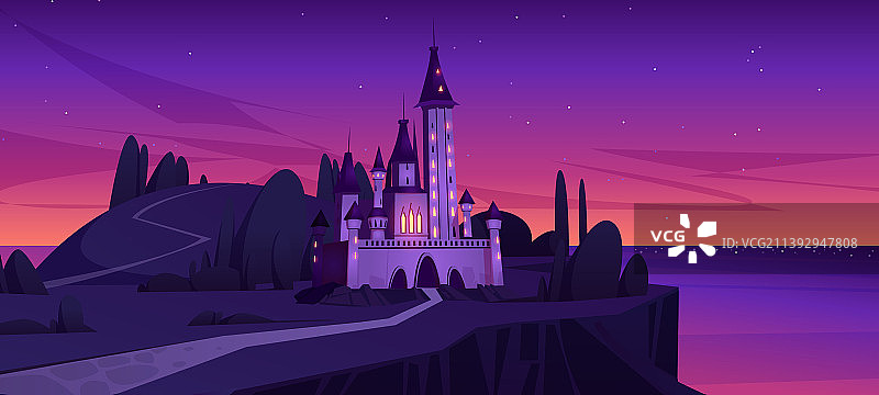 日落时分海岛上的中世纪城堡图片素材