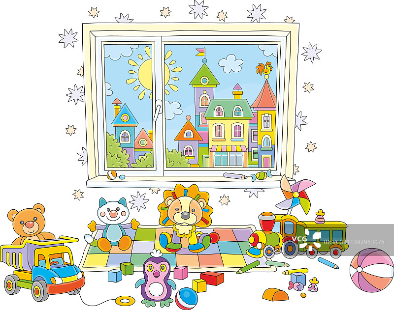 托儿所里散落的彩色玩具图片素材