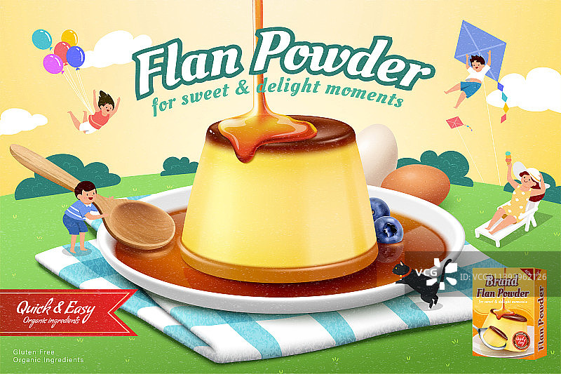 野餐风美味布丁粉广告 可爱儿童在一旁玩耍图片素材