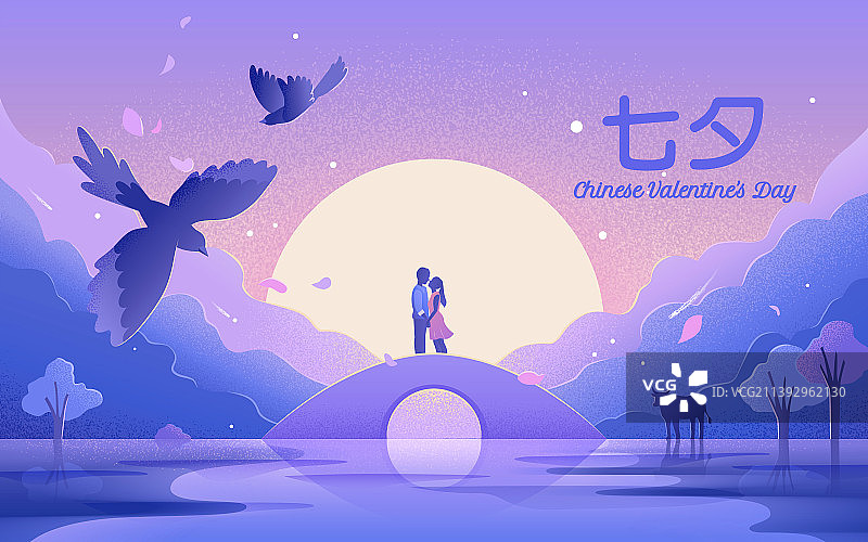 浪漫月光下约会的情侣 七夕插图图片素材
