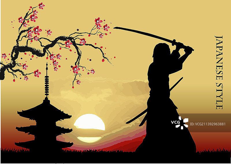 武士持剑黑色轮廓剪影图片素材