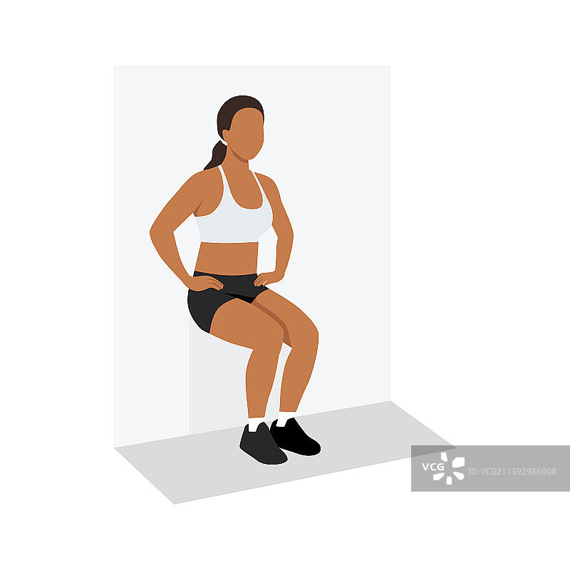 做靠墙静蹲运动的扁平风格女人图片素材