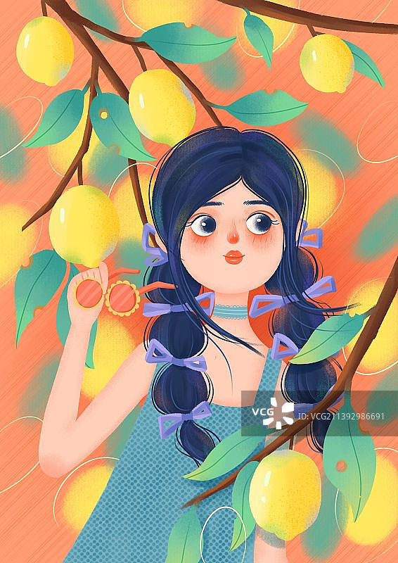 柠檬树清爽夏季女孩插画图片素材