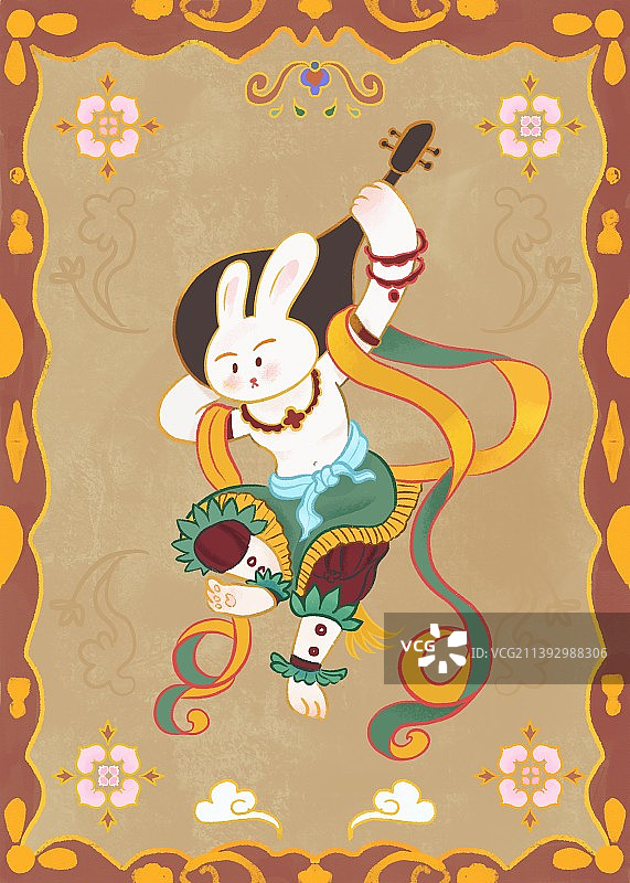 中国风敦煌月伎弹琵琶兔图片素材