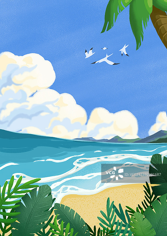 阳光海滩假椰树婆娑海鸟高飞绿叶如荫图片素材
