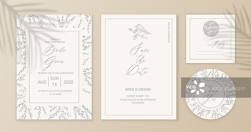 树叶树枝复古婚礼套装模板图片素材