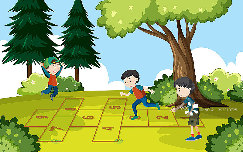 孩子们在公园玩跳房子游戏图片素材