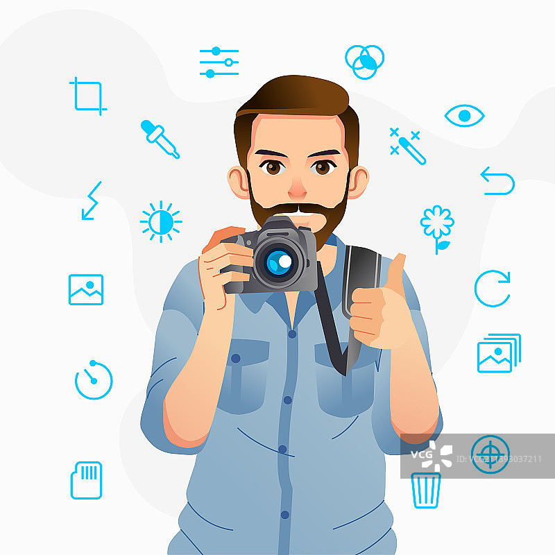 男人带着相机竖起大拇指图片素材