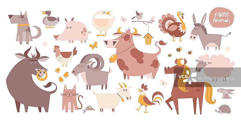 有趣的农场动物和鸟类卡通合集图片素材