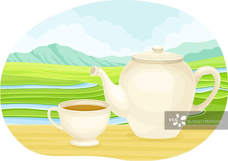 绿色茶园梯田和茶壶图片素材