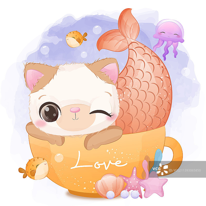 水彩风格的可爱猫咪美人鱼图片素材