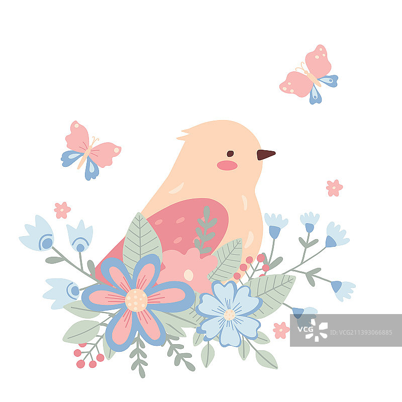 可爱的粉红色小鸟在花孩子气的小鸟图片素材