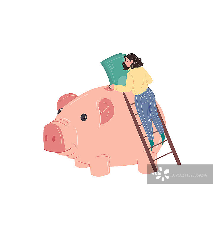 扁平卡通人物将钞票放入存钱罐图片素材